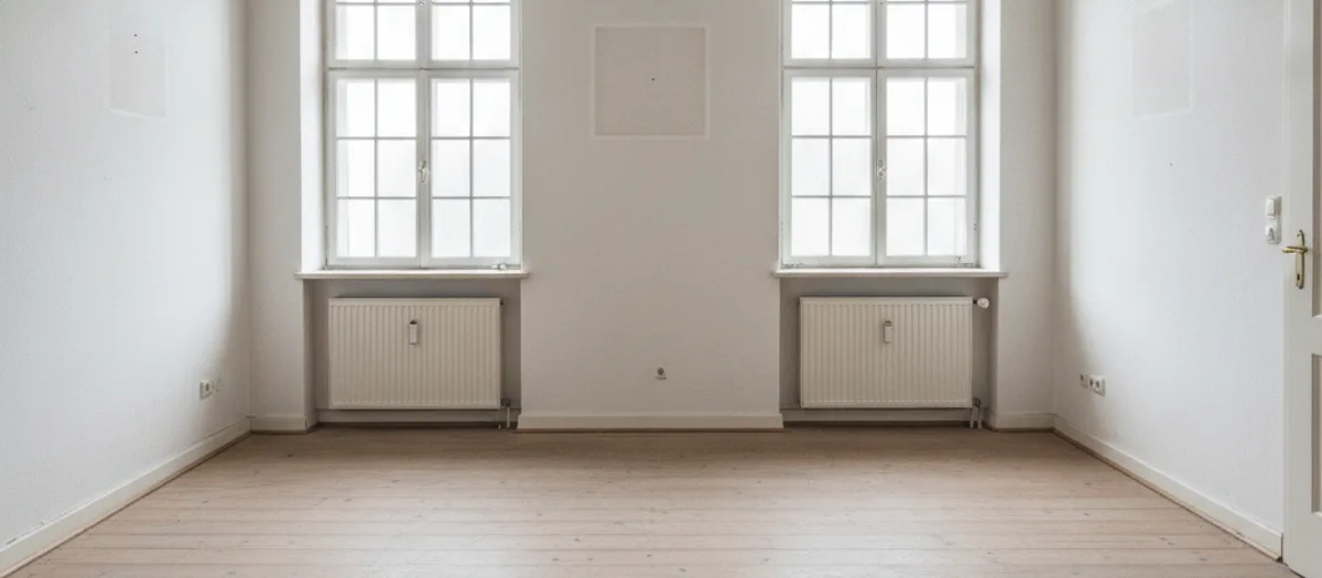 Leergeräumtes Wohnzimmer einer Altbauwohnung in Kremmen mit hellen Dielen, hohen Fenstern und blassen Flecken an der Wand
