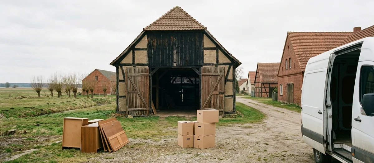 Geöffnete Fachwerkscheune auf einem Hof bei Kremmen, davor gestapelte Kartons und zerlegte Möbelteile, rechts ein Möbelwagen mit offener Seitentür
