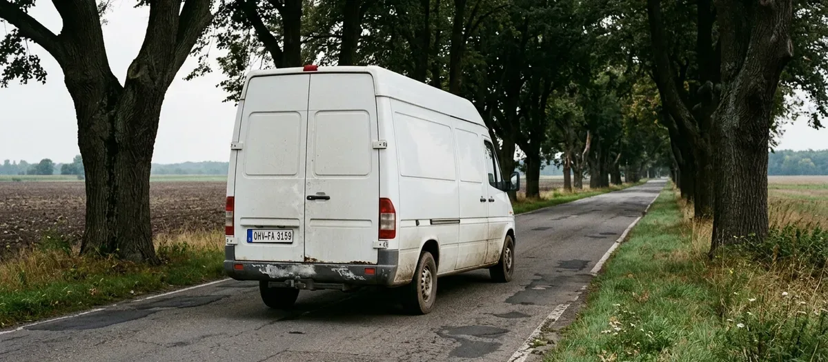 Kastenwagen auf einer Allee bei Kremmen auf dem Weg nach Neuruppin