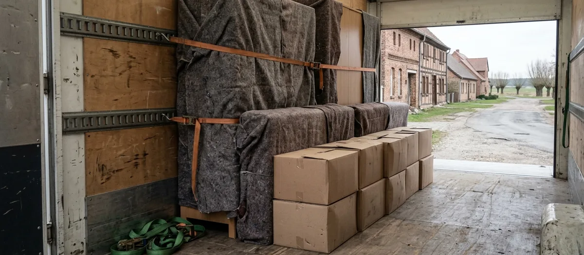 Blick in den beladenen Koffer eines Möbelwagens in Kremmen, Spanngurte sichern in Decken geschlagene Möbel, davor gestapelte Kartons