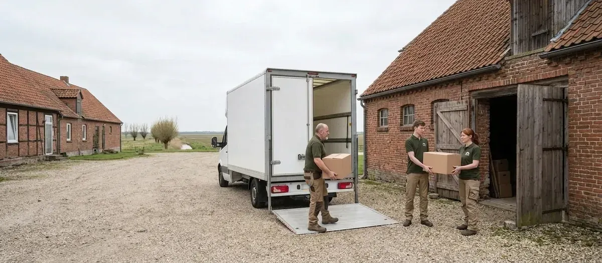Möbelwagen auf einem Hof in Beetz, drei Umzugskräfte bringen Kartons zur abgesenkten Ladebordwand