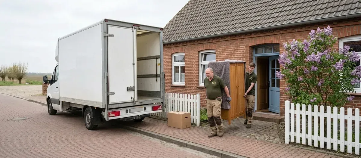 Möbelwagen mit geöffneten Hecktüren an der Dorfstraße in Groß-Ziethen, zwei Träger tragen einen Schrank aus dem Backsteinhaus