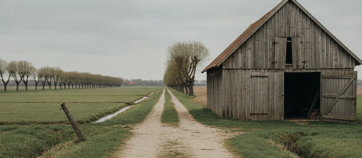 Sandiger Feldweg in Linum, rechts eine alte Holzscheune mit offenem Tor, dahinter die Wiesen des Rhinluchs