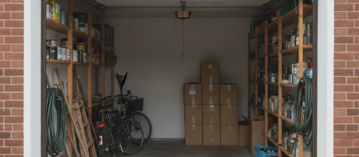Blick in eine volle Garage bei Kremmen mit Regalen voller Dosen und Gläser, Fahrrädern, Gartenschlauch und gestapelten Kartons