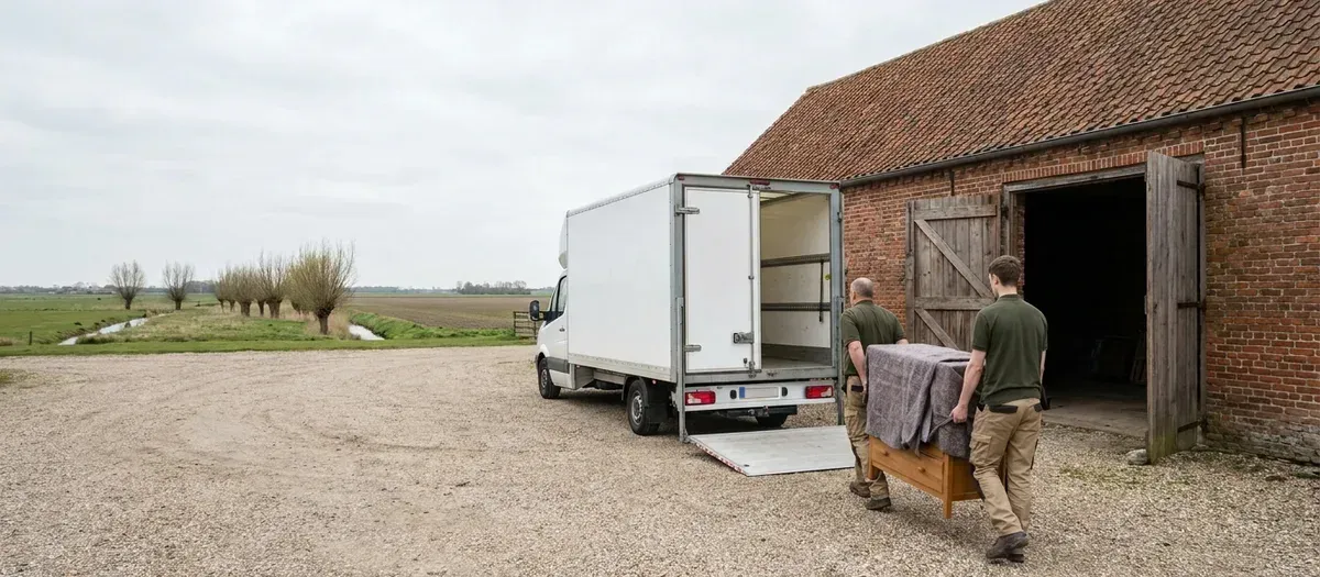 Möbelwagen mit offener Ladebordwand auf einem Hof bei Kremmen, zwei Träger bringen eine in Decken geschlagene Kommode zur Rampe, dahinter eine Backsteinscheune