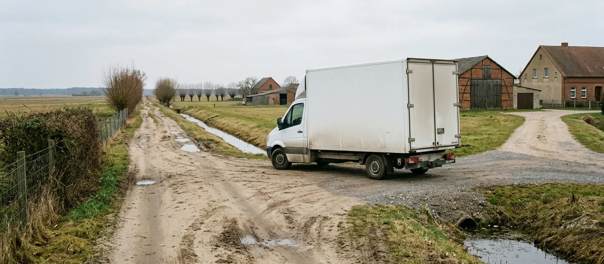 Sandiger Hofweg zu einem Grundstück bei Kremmen, ein Möbelwagen steht am befestigten Rand